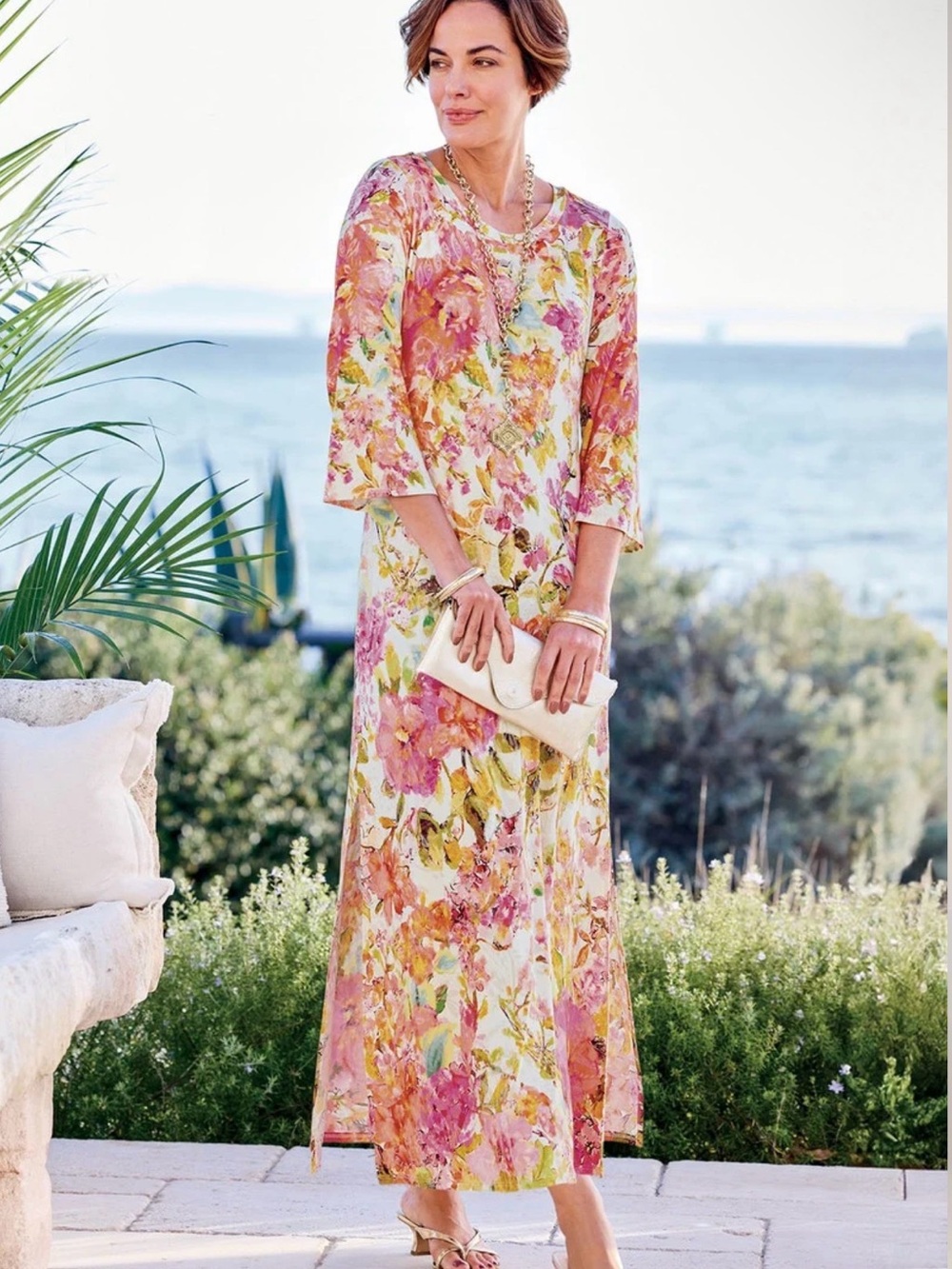 Soft Surroundings Floral Print 3/4 Sleeve Jersey Knit Maxi Dress 3X - Picture 2 of 11